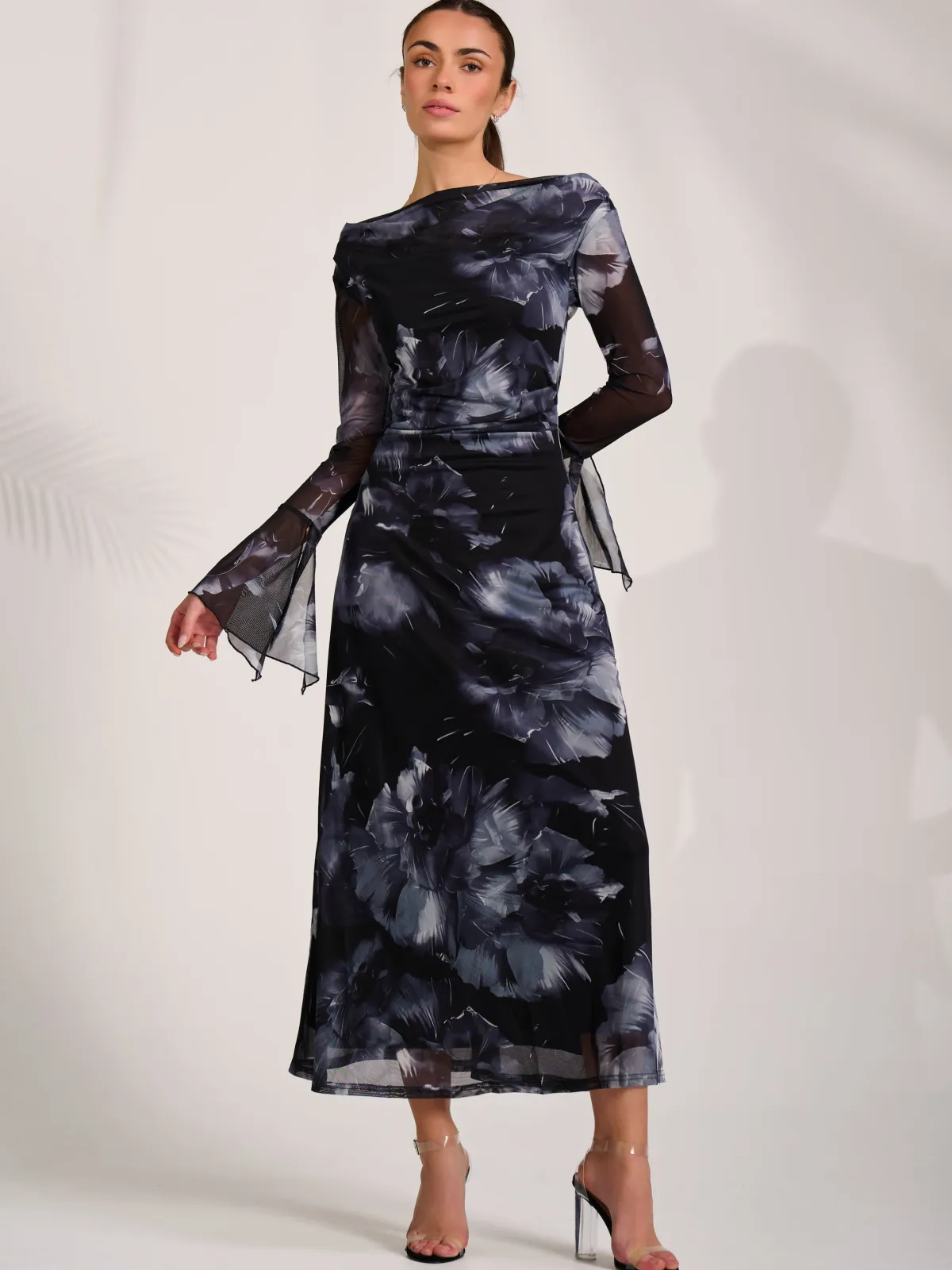 Jolie Moi Occasion Dresses|Party Dresses-Long Sleeve Slash Neck Maxi Dress, Black Abstract