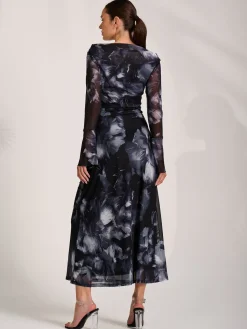 Jolie Moi Occasion Dresses|Party Dresses-Long Sleeve Slash Neck Maxi Dress, Black Abstract