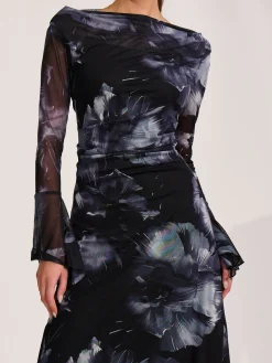 Jolie Moi Occasion Dresses|Party Dresses-Long Sleeve Slash Neck Maxi Dress, Black Abstract
