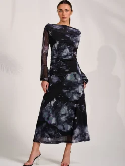 Jolie Moi Occasion Dresses|Party Dresses-Long Sleeve Slash Neck Maxi Dress, Black Abstract