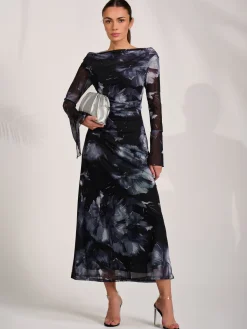Jolie Moi Occasion Dresses|Party Dresses-Long Sleeve Slash Neck Maxi Dress, Black Abstract