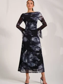 Jolie Moi Occasion Dresses|Party Dresses-Long Sleeve Slash Neck Maxi Dress, Black Abstract