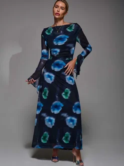 Jolie Moi Occasion Dresses|Floral Dresses-Long Sleeve Slash Neck Maxi Dress, Black Floral