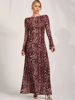 Jolie Moi Occasion Dresses|Animal Print Dresses-Long Sleeve Slash Neck Maxi Dress, Brown Animal
