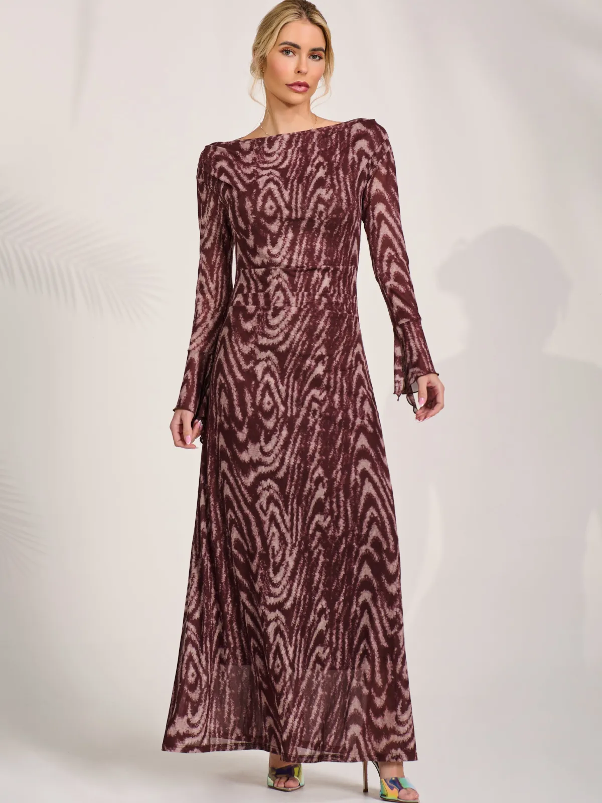 Jolie Moi Occasion Dresses|Animal Print Dresses-Long Sleeve Slash Neck Maxi Dress, Brown Animal