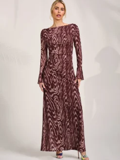 Jolie Moi Occasion Dresses|Animal Print Dresses-Long Sleeve Slash Neck Maxi Dress, Brown Animal
