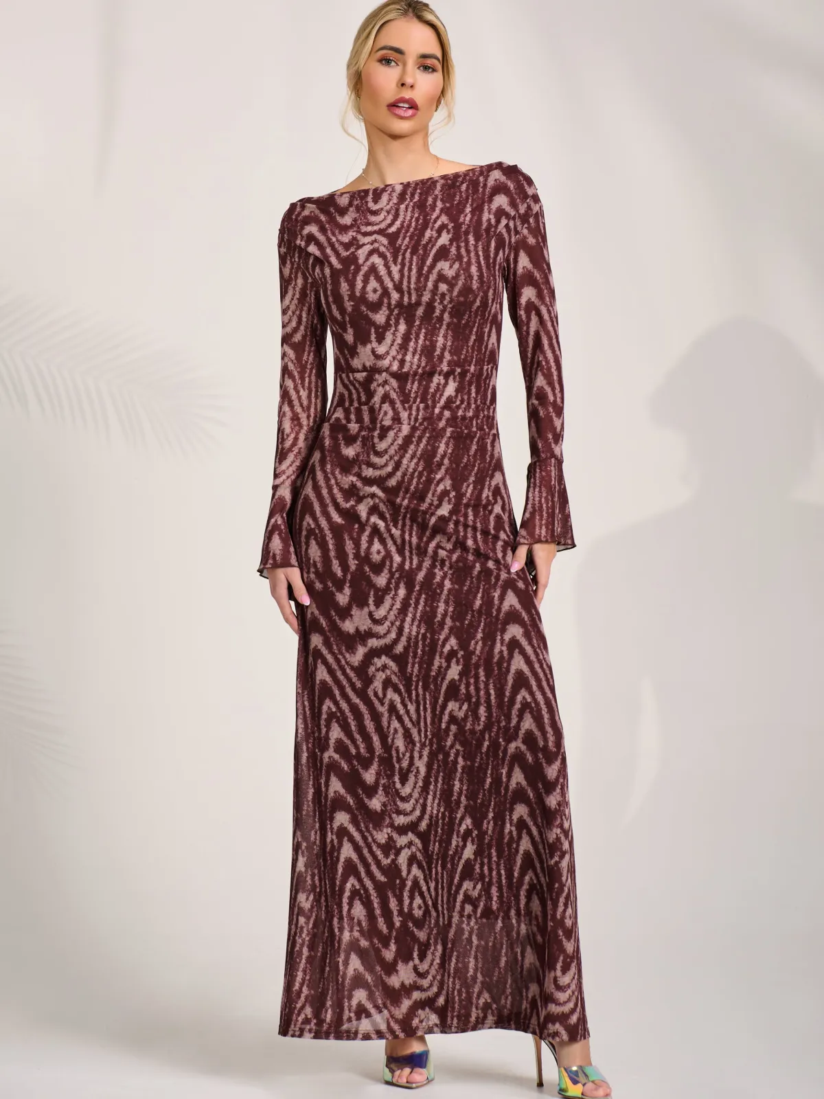 Jolie Moi Occasion Dresses|Animal Print Dresses-Long Sleeve Slash Neck Maxi Dress, Brown Animal