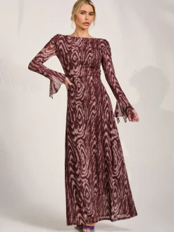 Jolie Moi Occasion Dresses|Animal Print Dresses-Long Sleeve Slash Neck Maxi Dress, Brown Animal