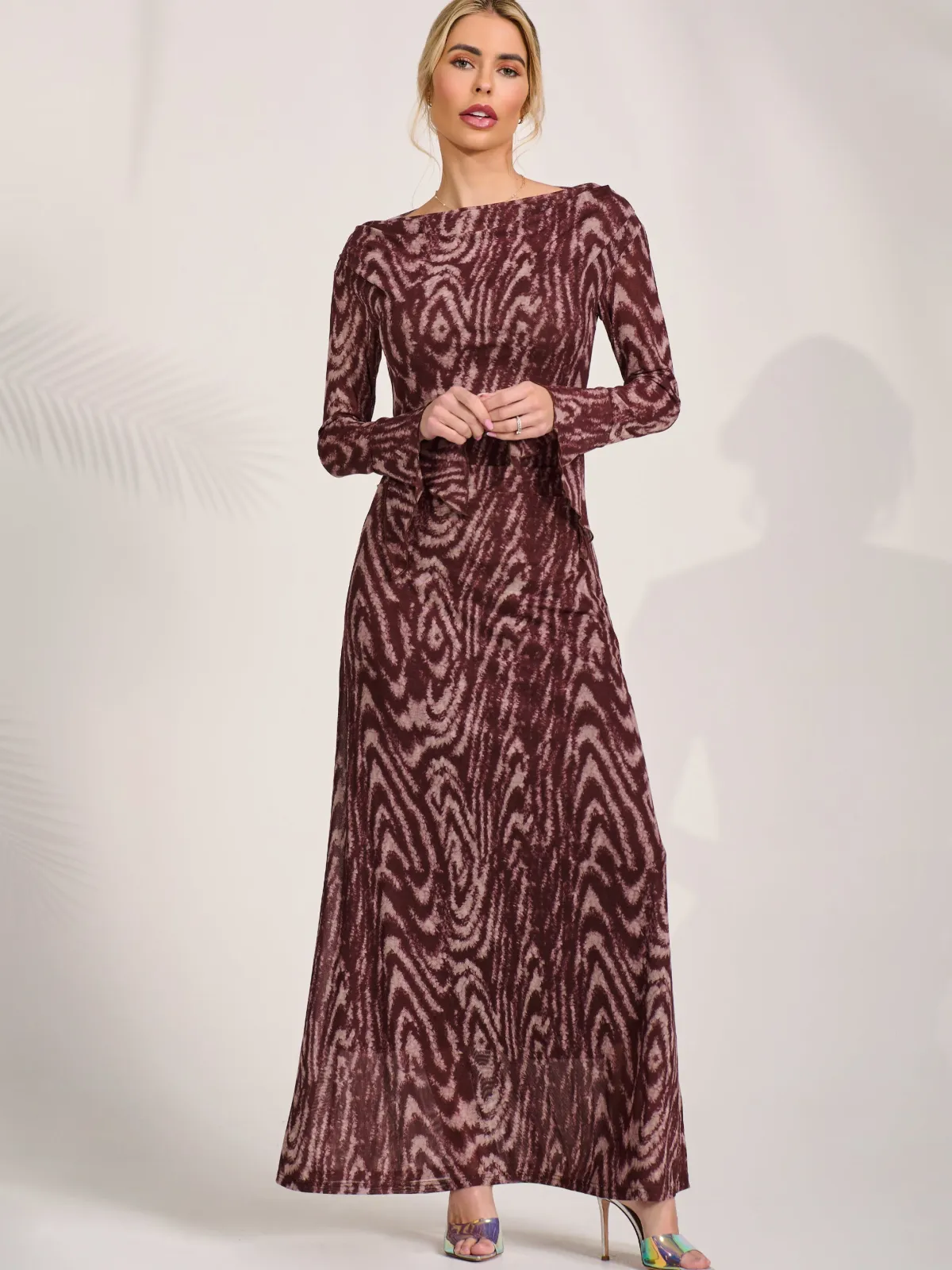 Jolie Moi Occasion Dresses|Animal Print Dresses-Long Sleeve Slash Neck Maxi Dress, Brown Animal