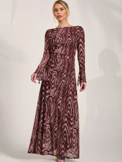 Jolie Moi Occasion Dresses|Animal Print Dresses-Long Sleeve Slash Neck Maxi Dress, Brown Animal