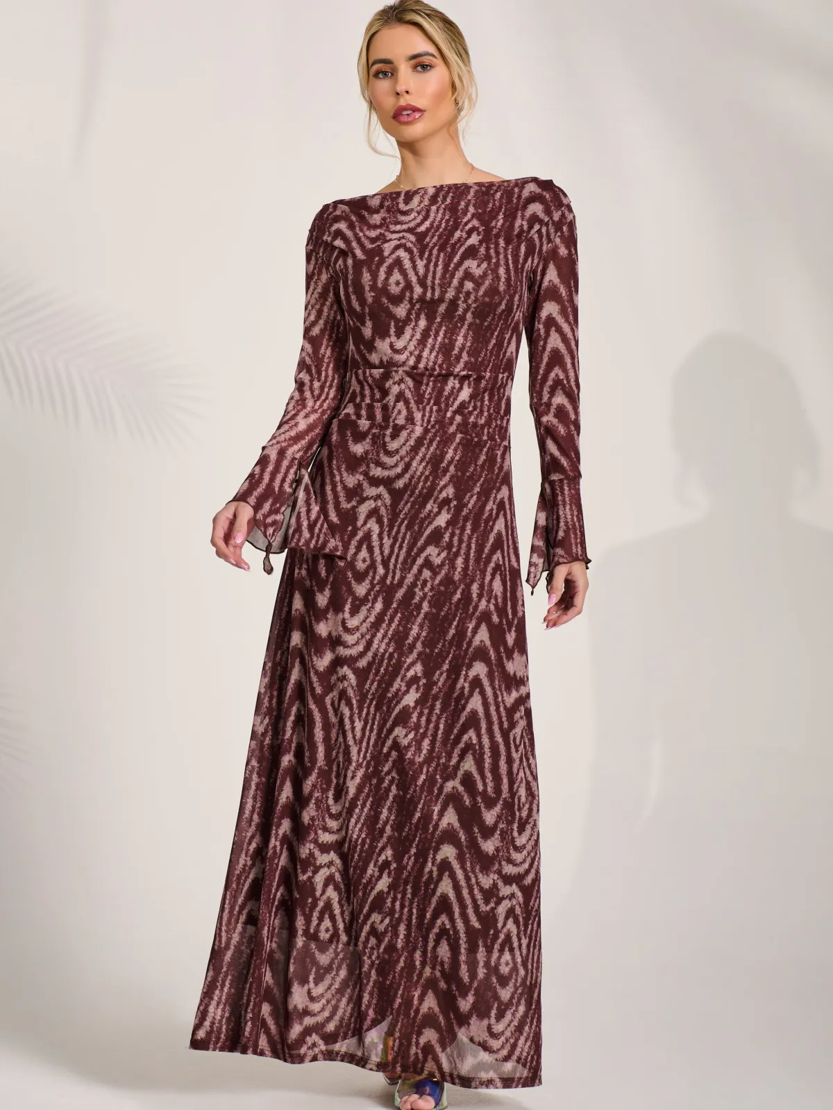 Jolie Moi Occasion Dresses|Animal Print Dresses-Long Sleeve Slash Neck Maxi Dress, Brown Animal