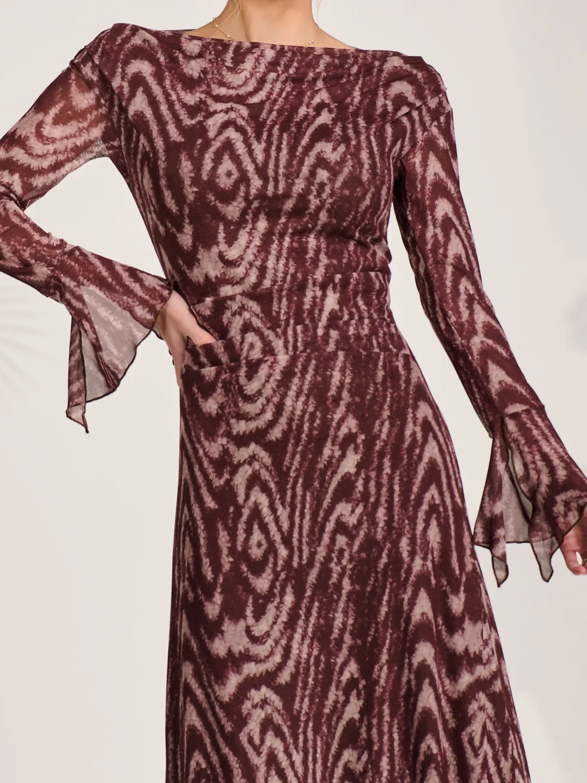 Jolie Moi Occasion Dresses|Animal Print Dresses-Long Sleeve Slash Neck Maxi Dress, Brown Animal