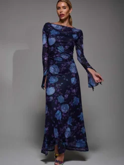 Jolie Moi Occasion Dresses|Floral Dresses-Long Sleeve Slash Neck Maxi Dress, Purple Floral