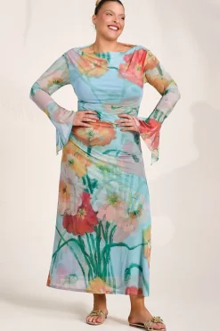 Jolie Moi Occasion Dresses|Floral Dresses-Long Sleeve Slash Neck Mesh Maxi Dress, Blue Floral
