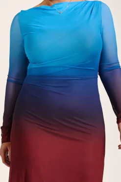 Jolie Moi Occasion Dresses|Mesh Dresses-Long Sleeve Slash Neck Mesh Maxi Dress, Burgundy Ombre