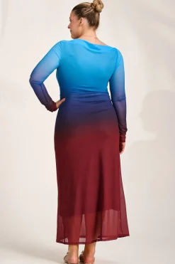 Jolie Moi Occasion Dresses|Mesh Dresses-Long Sleeve Slash Neck Mesh Maxi Dress, Burgundy Ombre