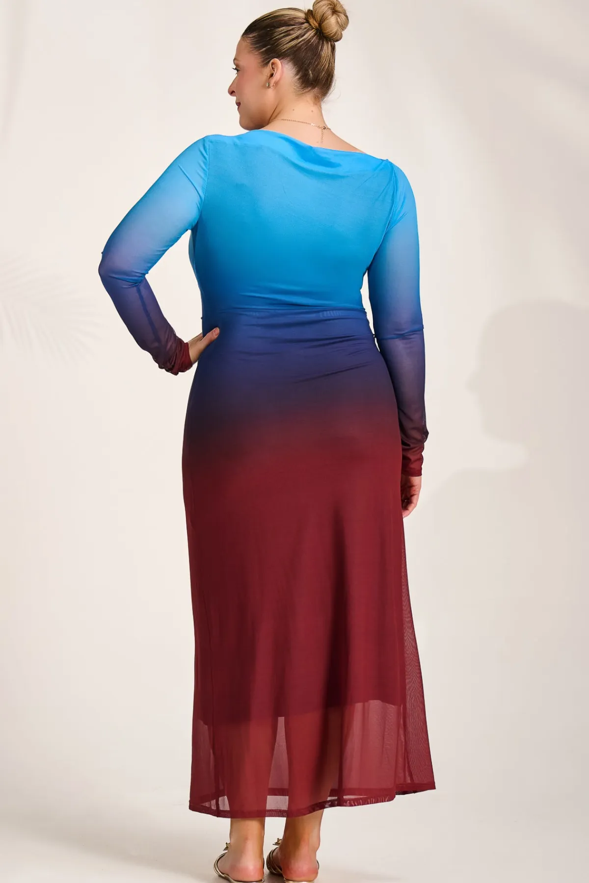 Jolie Moi Occasion Dresses|Mesh Dresses-Long Sleeve Slash Neck Mesh Maxi Dress, Burgundy Ombre