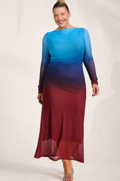 Jolie Moi Occasion Dresses|Mesh Dresses-Long Sleeve Slash Neck Mesh Maxi Dress, Burgundy Ombre