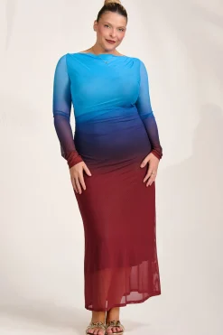 Jolie Moi Occasion Dresses|Mesh Dresses-Long Sleeve Slash Neck Mesh Maxi Dress, Burgundy Ombre