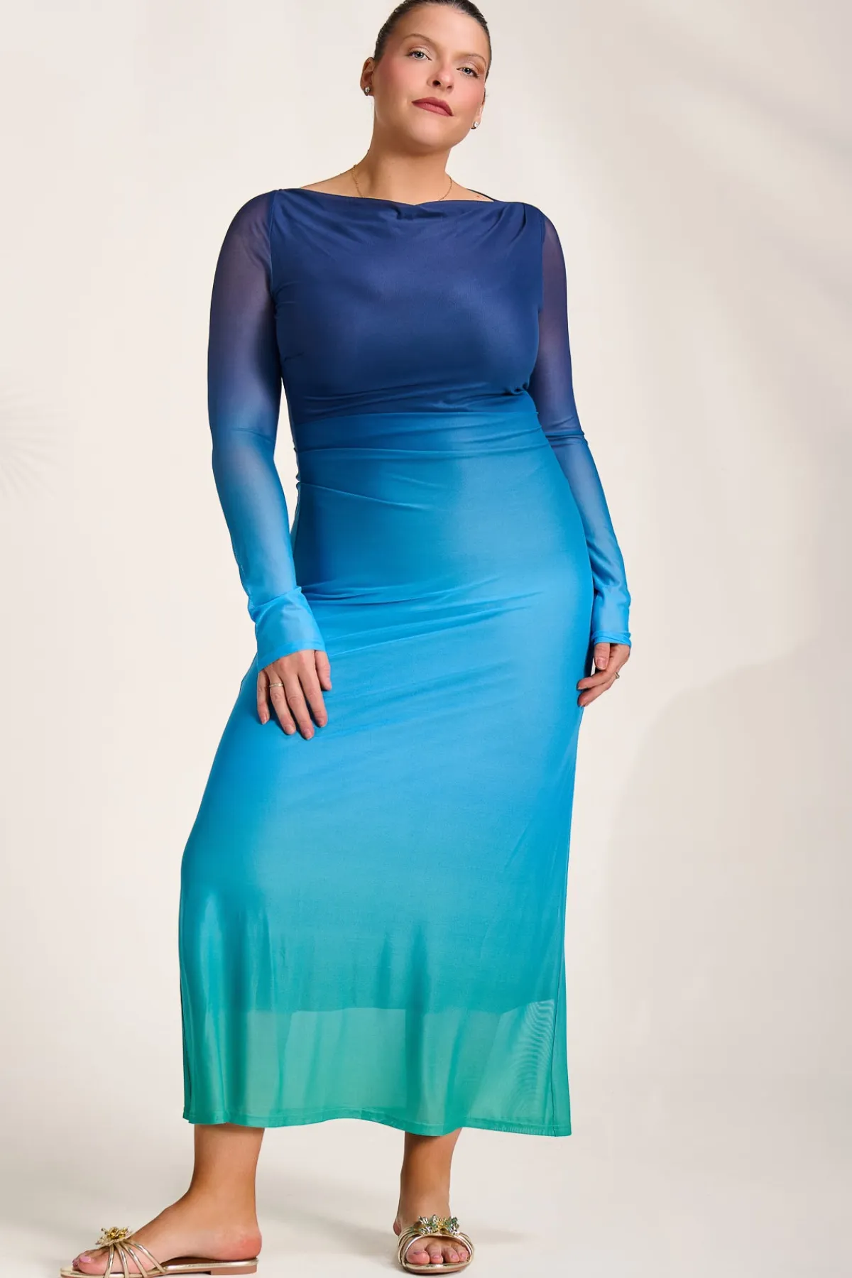 Jolie Moi Occasion Dresses|Mesh Dresses-Long Sleeve Slash Neck Mesh Maxi Dress, Green Ombre