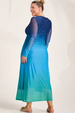 Jolie Moi Occasion Dresses|Mesh Dresses-Long Sleeve Slash Neck Mesh Maxi Dress, Green Ombre