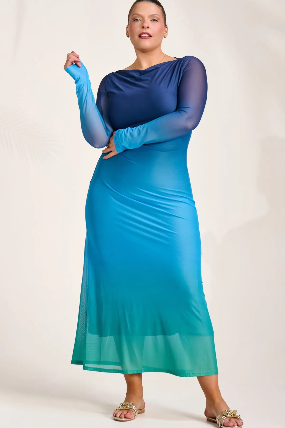 Jolie Moi Occasion Dresses|Mesh Dresses-Long Sleeve Slash Neck Mesh Maxi Dress, Green Ombre