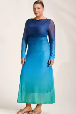 Jolie Moi Occasion Dresses|Mesh Dresses-Long Sleeve Slash Neck Mesh Maxi Dress, Green Ombre