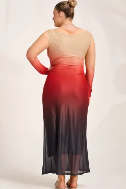 Jolie Moi Occasion Dresses|Mesh Dresses- Long Sleeve Slash Neck Mesh Maxi Dress,Orange Ombre
