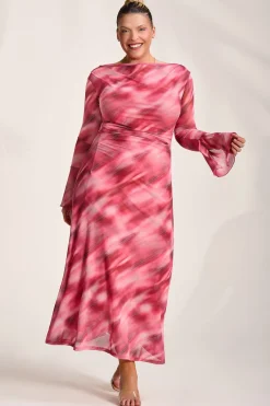 Jolie Moi Occasion Dresses|Mesh Dresses-Long Sleeve Slash Neck Mesh Maxi Dress, Pink Abstract