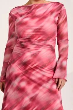 Jolie Moi Occasion Dresses|Mesh Dresses-Long Sleeve Slash Neck Mesh Maxi Dress, Pink Abstract