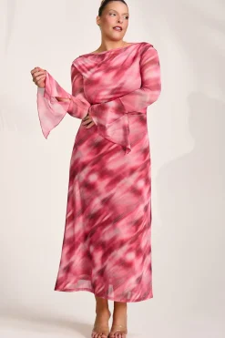 Jolie Moi Occasion Dresses|Mesh Dresses-Long Sleeve Slash Neck Mesh Maxi Dress, Pink Abstract