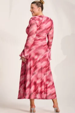 Jolie Moi Occasion Dresses|Mesh Dresses-Long Sleeve Slash Neck Mesh Maxi Dress, Pink Abstract
