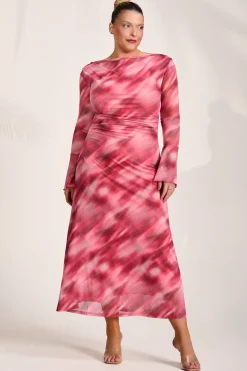 Jolie Moi Occasion Dresses|Mesh Dresses-Long Sleeve Slash Neck Mesh Maxi Dress, Pink Abstract
