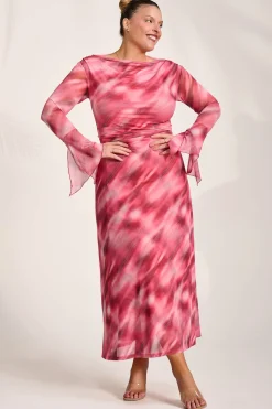 Jolie Moi Occasion Dresses|Mesh Dresses-Long Sleeve Slash Neck Mesh Maxi Dress, Pink Abstract