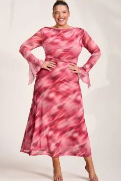 Jolie Moi Occasion Dresses|Mesh Dresses-Long Sleeve Slash Neck Mesh Maxi Dress, Pink Abstract