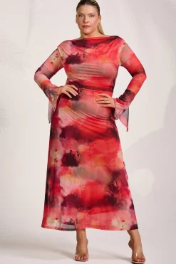 Jolie Moi Occasion Dresses|Mesh Dresses-Long Sleeve Slash Neck Mesh Maxi Dress, Red Abstract