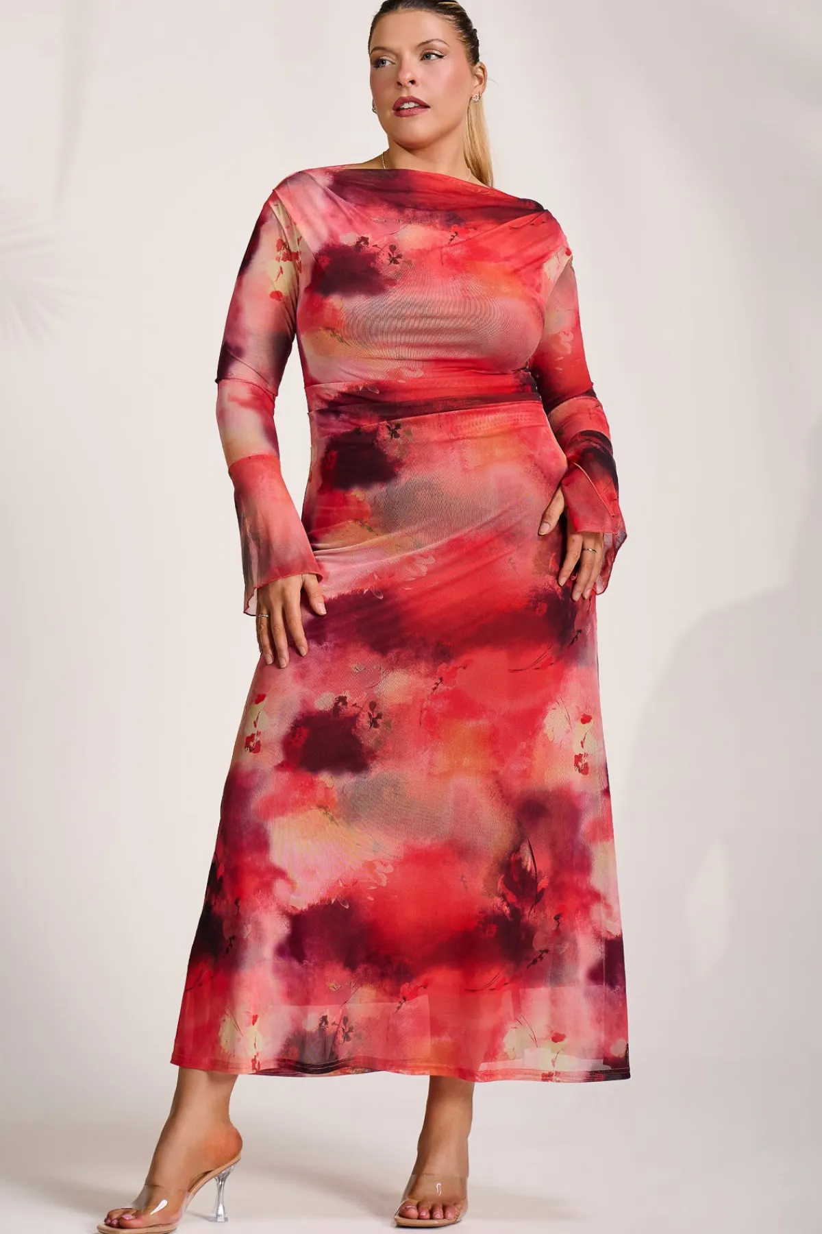 Jolie Moi Occasion Dresses|Mesh Dresses-Long Sleeve Slash Neck Mesh Maxi Dress, Red Abstract