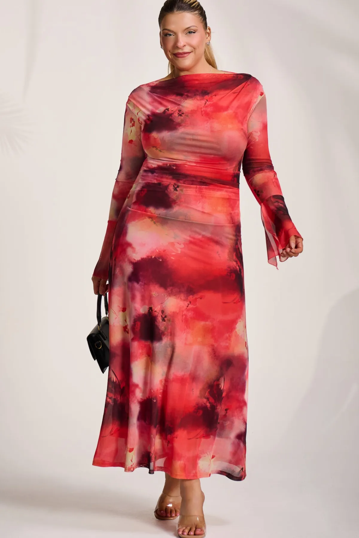 Jolie Moi Occasion Dresses|Mesh Dresses-Long Sleeve Slash Neck Mesh Maxi Dress, Red Abstract