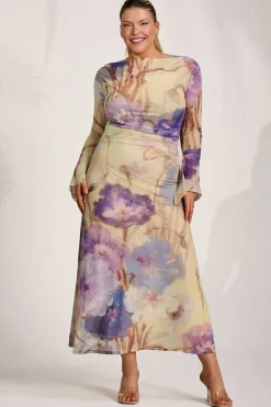 Jolie Moi Occasion Dresses|Floral Dresses-Long Sleeve Slash Neck Mesh Maxi Dress, Yellow Floral