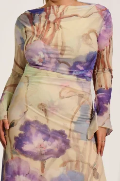 Jolie Moi Occasion Dresses|Floral Dresses-Long Sleeve Slash Neck Mesh Maxi Dress, Yellow Floral