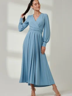 Jolie Moi Occasion Dresses|Jersey Dresses-Long Sleeve Super Soft Jersey Maxi Dress, Dolphine Blue