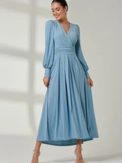Jolie Moi Occasion Dresses|Jersey Dresses-Long Sleeve Super Soft Jersey Maxi Dress, Dolphine Blue