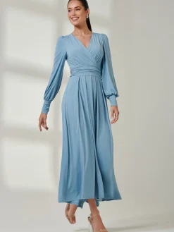 Jolie Moi Occasion Dresses|Jersey Dresses-Long Sleeve Super Soft Jersey Maxi Dress, Dolphine Blue