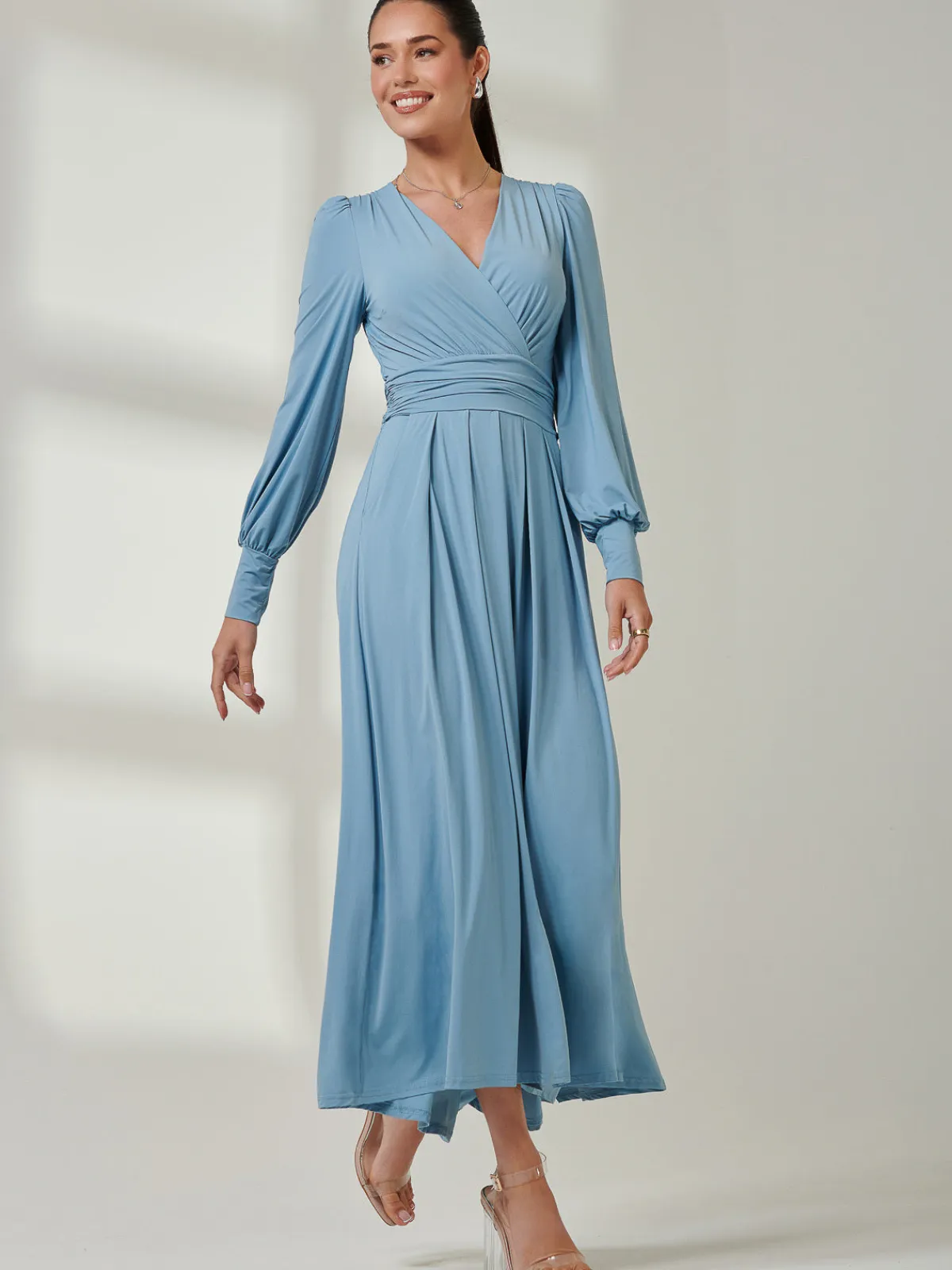 Jolie Moi Occasion Dresses|Jersey Dresses-Long Sleeve Super Soft Jersey Maxi Dress, Dolphine Blue