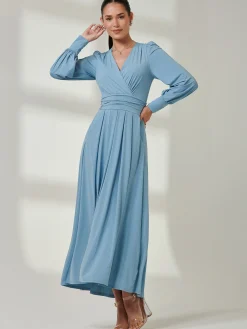 Jolie Moi Occasion Dresses|Jersey Dresses-Long Sleeve Super Soft Jersey Maxi Dress, Dolphine Blue