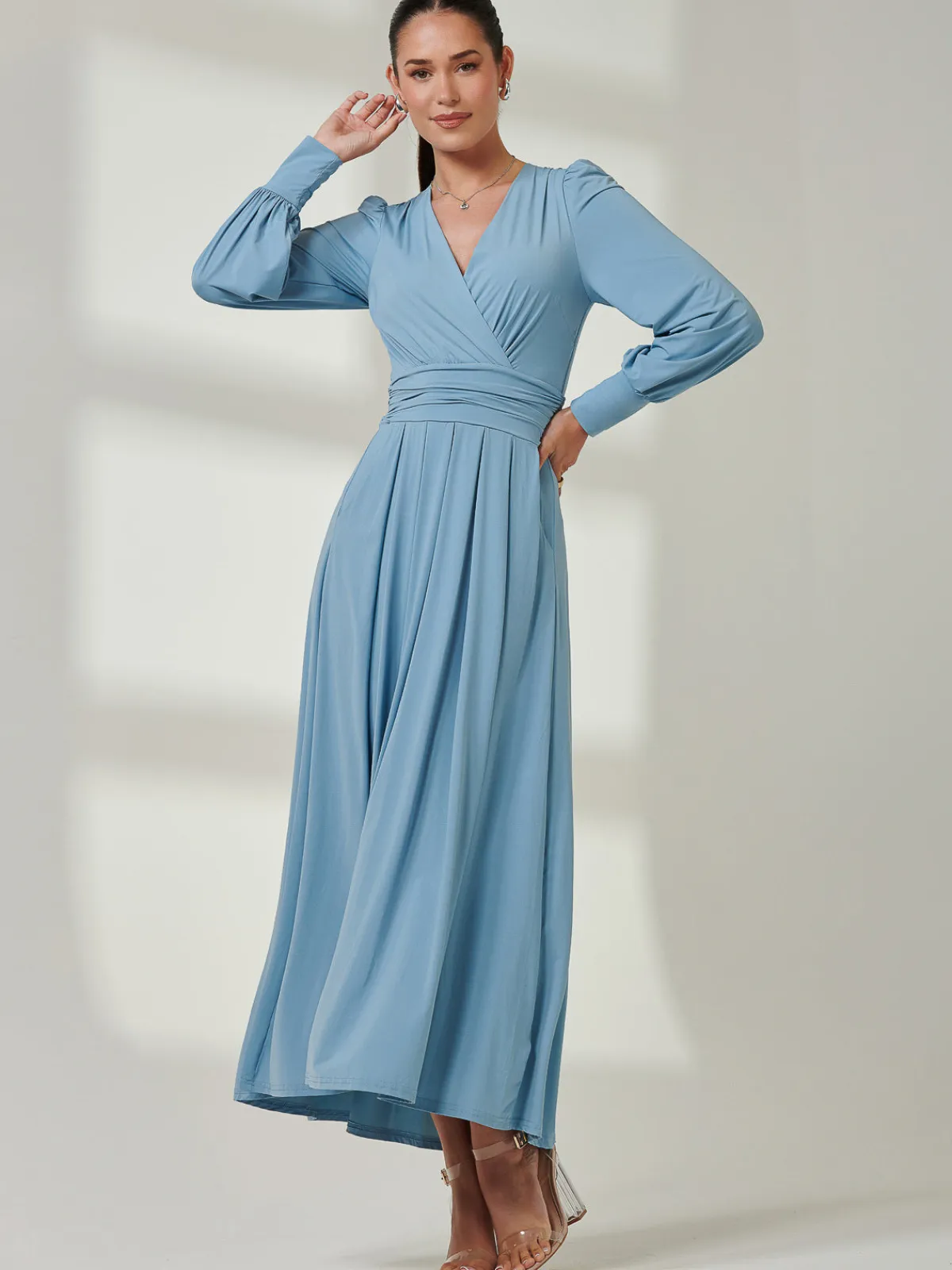 Jolie Moi Occasion Dresses|Jersey Dresses-Long Sleeve Super Soft Jersey Maxi Dress, Dolphine Blue