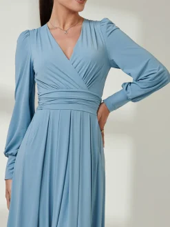 Jolie Moi Occasion Dresses|Jersey Dresses-Long Sleeve Super Soft Jersey Maxi Dress, Dolphine Blue