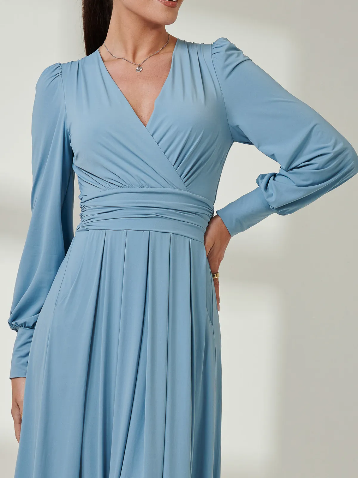 Jolie Moi Occasion Dresses|Jersey Dresses-Long Sleeve Super Soft Jersey Maxi Dress, Dolphine Blue
