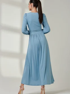 Jolie Moi Occasion Dresses|Jersey Dresses-Long Sleeve Super Soft Jersey Maxi Dress, Dolphine Blue