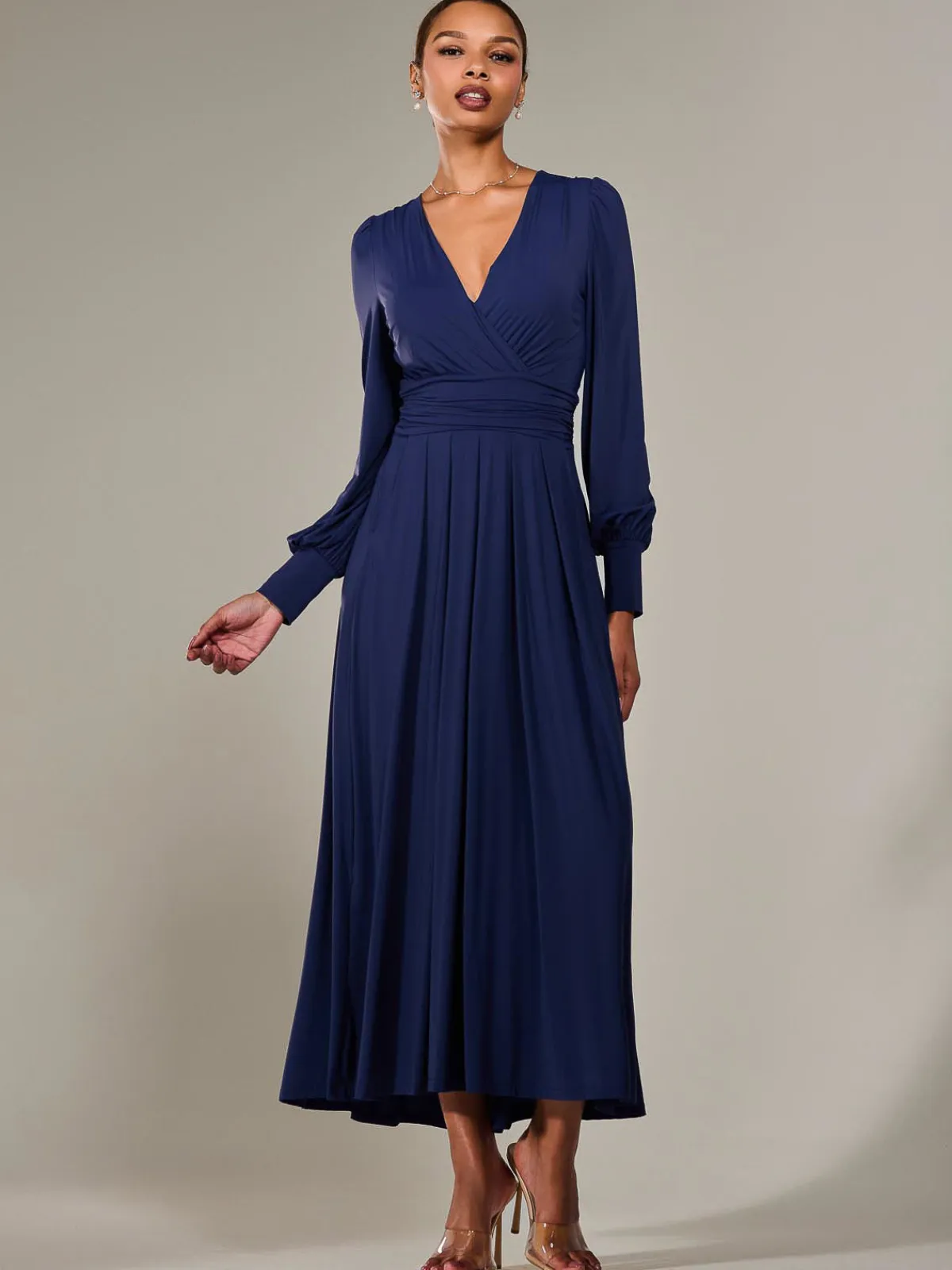Jolie Moi Occasion Dresses|Race Day Dresses-Long Sleeve Super Soft Jersey Maxi Dress, Navy